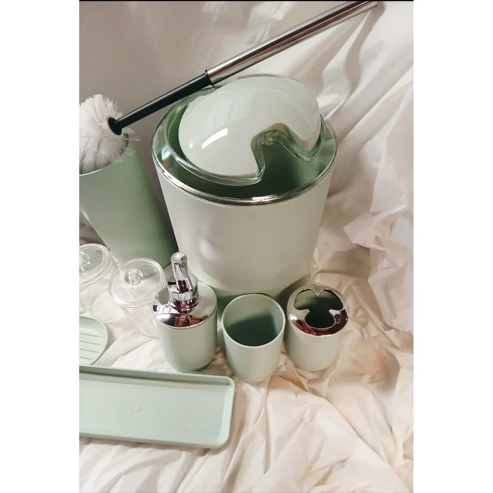 Mint Green Modern Plastic Bathroom Accessory Set 10pc w/ Soap Disp, Brush